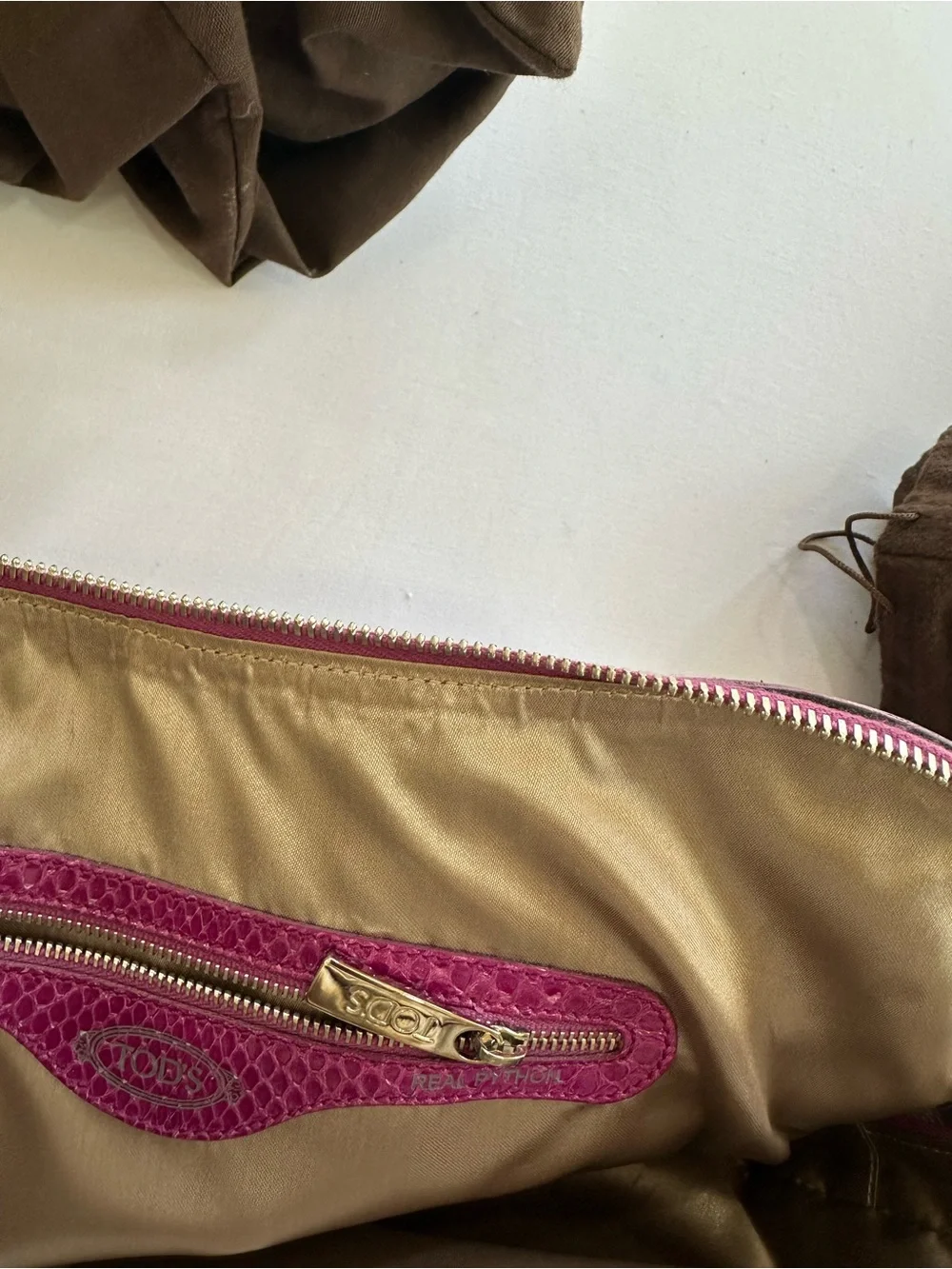 TOD'S Fuchsia Genuine Python  Satchel with Gold Hardware